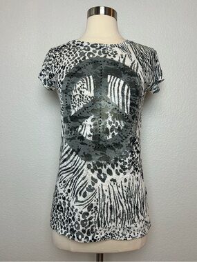 Cache Burn Out Tee Top Women's M Stretch White Black Peace Sign Animal Print